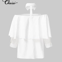 Women's Sexy Blouse 2023 Celmia Party Cold Shoulder Halter Women Shirt Ruffles Solid Office Casual Top Autumn Buttons Blusas