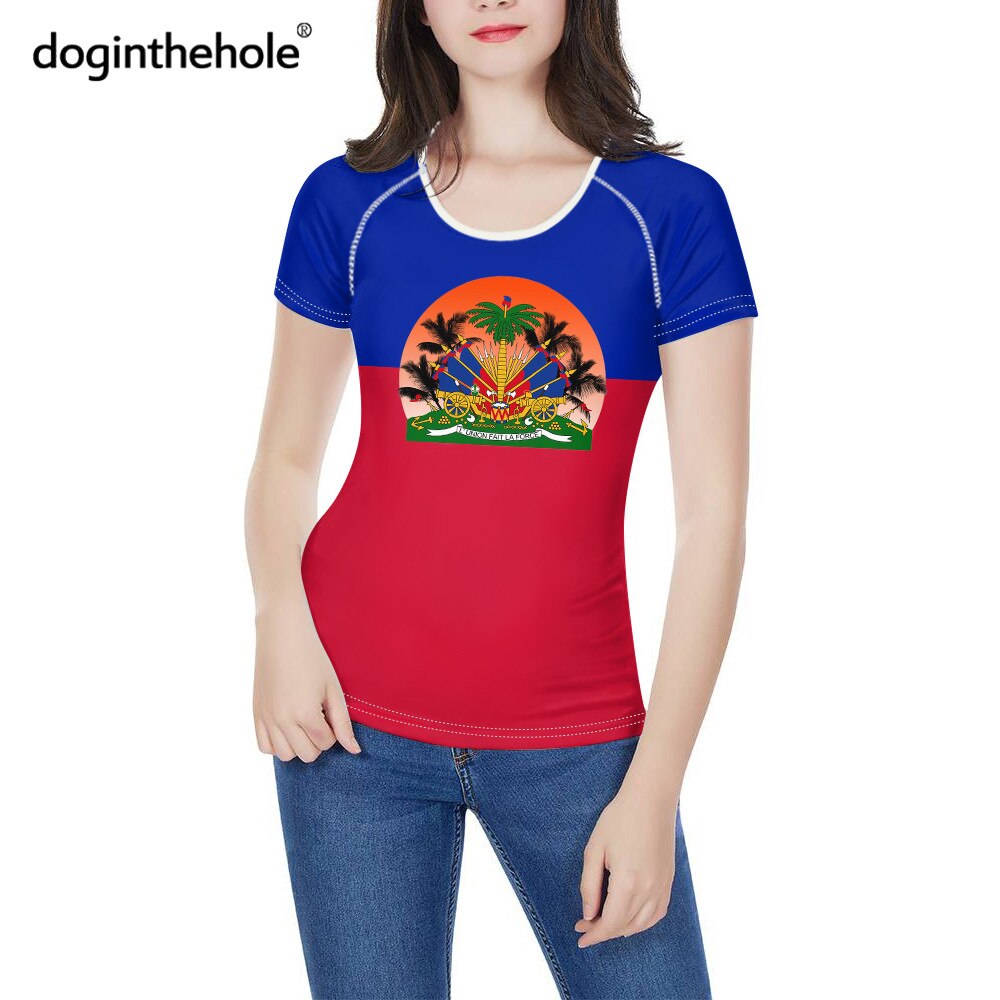 doginthehole Women Fashion Culture Tops Red and Blue Haiti Flag Print Running T-shirt Female Summer Casual Breathable Clothing