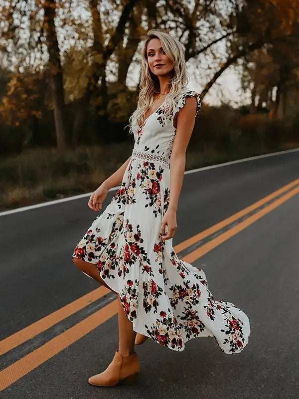 2021 Summer Bohemian Floral Maxi Dress Women Lace Sleeveless V Neck Backless Elegant Dress Party Evening Beach Dresses Female