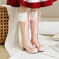 PXELENA Hot Plus Size 34-43 Women Wedding Shoes White Pink Fur Bowtie Ruffles Princess Uniform Lolita Cosplay JK Knee High Boots