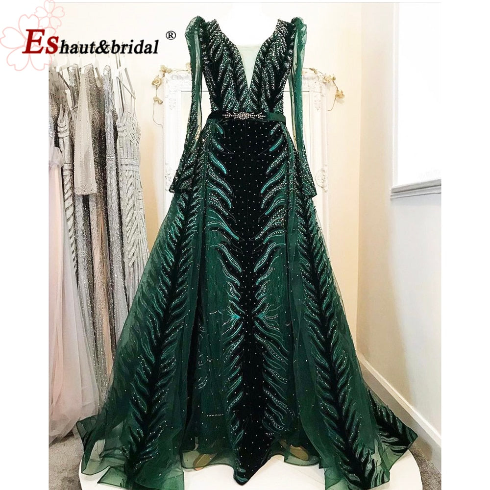 Elegant Mermaid Evening Night Dress for Women 2023 V-Neck Long Sleeves Velvet Crystal Plus Size Formal Wedding Prom Party Gowns