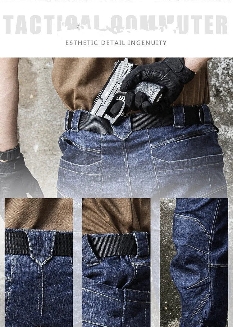 Men's  Jeans Pants Fall Military Straight Denim Tactical Long Trousers Stretch City Security Special Force Combat Pant Trousers