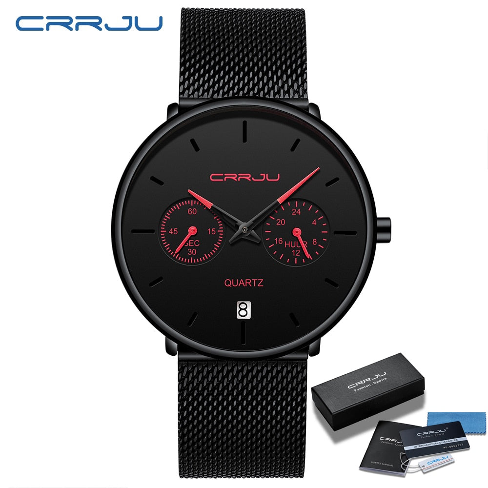 Mens Watches CRRJU Full Steel Casual Waterproof Watch for Man Sport Quartz Watch Men&#39;s Dress Calendar Watch Relogio Masculino