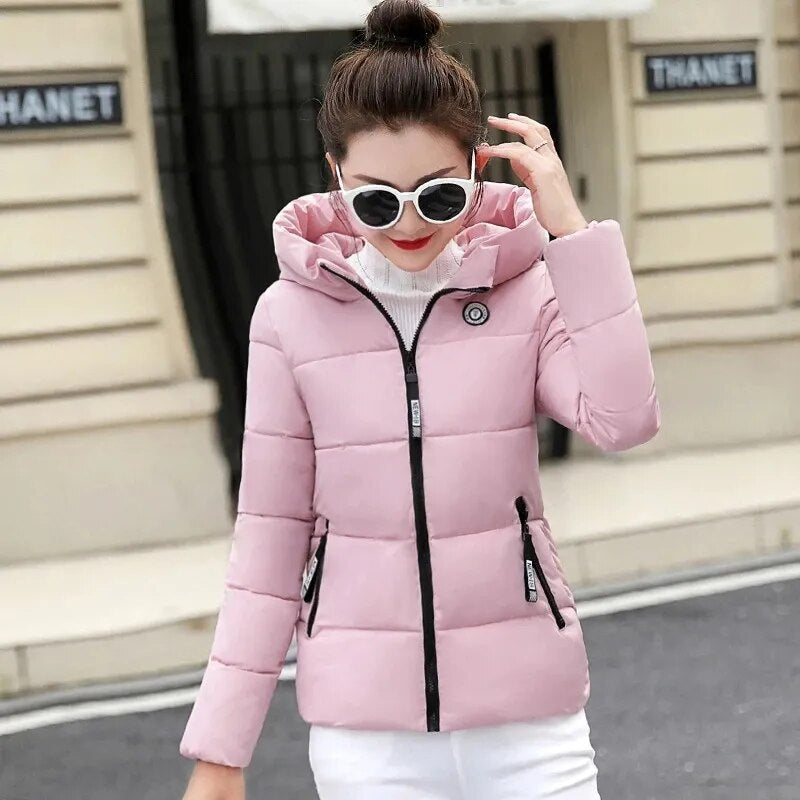 Slim Winter Women Hooded Down Jacket Casual Long Sleeve Zippers Short Outerwear Female Korean Warm Down Coat Tops Parkas Outwear