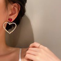 2023 Korean Fashion Jewelry Shining Rhinestone Hollow Heart Drop Earrings for Women Girls Vintage Red Crystal Earrings