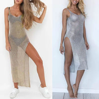 Women Sexy Summer Sunscreen Sheer Mesh Bikini Cover Up Metallic Solid Color Backless High Slit Beach Club Party Sleeveless Dress