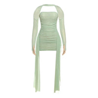Shawl Women Ruched Side Ribbon Coquette Skinny Midnight Clubwear Party Bodycon Summer Vacation Sexy See Through Dress