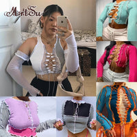 Artsu 8 Colors Sexy Hollow Out Women Long Sleeve Crop Tops Striped Patchwork Drawstring Ribbed Bandage Fitness Clothes