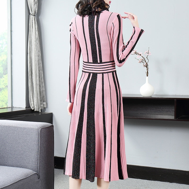 Dress 2019 autumn new color contrast pleated big swing dress autumn winter women&#39;s wear