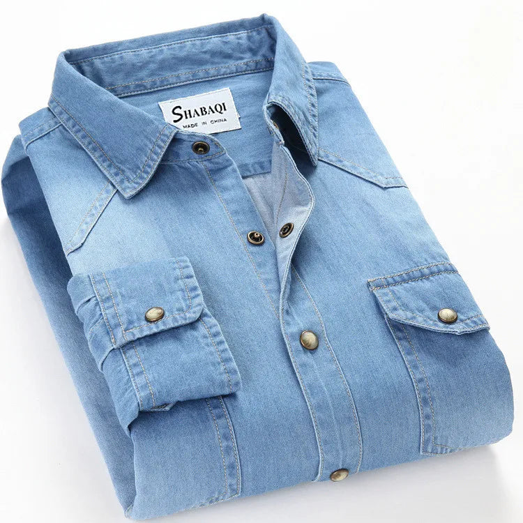 Men's Slim Denim Shirt 2022 Spring Luxury High Quality Cotton Square Collar Pocket Button Fashion Long Sleeve Jeans Shirt