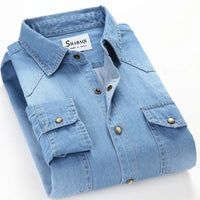 Men's Slim Denim Shirt 2022 Spring Luxury High Quality Cotton Square Collar Pocket Button Fashion Long Sleeve Jeans Shirt