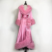 Women's Bathrobe Evening Dresses Feather Elastic Silk Pink Nightgown Pajamas Sleepwear Lingerie Women Occasions Gowns Housecoat