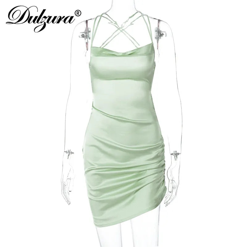 Dulzura Satin Women Strap Mini Dress Ruched Lace Up Cross Bandage Backless Bodycon Sexy Party Elegant 2023 Club Christmas Slim