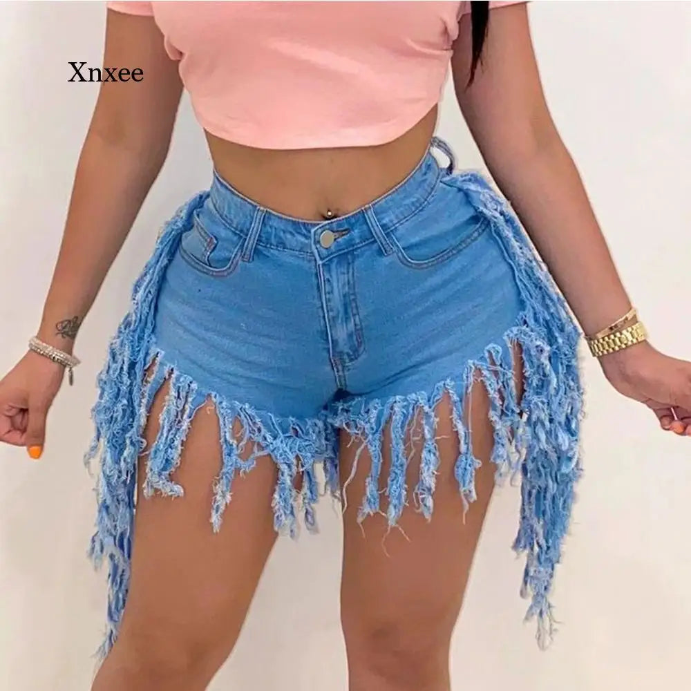 Fashion High Waist Tassel Denim Shorts Sexy  Women Casual Straight Club Shorts Jeans Pants Summer Clothing Bottoms