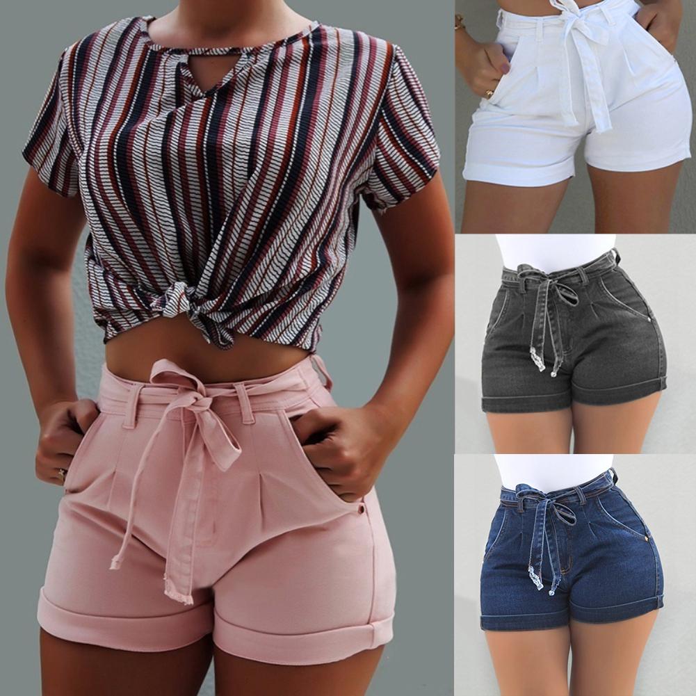 Fashion High Waist Denim Shorts Women Summer Skinny Belted High Waist Washed Jeans Women Shorts