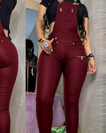 Women Sexy One Piece Outfits PU Jumpsuits Buckled Zipper Design Suspender Jumpsuit