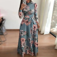 2018 Autumn New Casual Dress Women Short Sleeve Printed Dresses O Neck Bandage Belt Maxi Dress Vestidos Female Irregular Robe