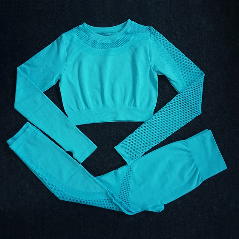 2 Piece Gym Set Women Hollow Out Yoga Set Long Sleeve Top High Waist