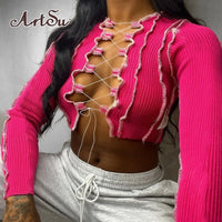 Artsu 8 Colors Sexy Hollow Out Women Long Sleeve Crop Tops Striped Patchwork Drawstring Ribbed Bandage Fitness Clothes