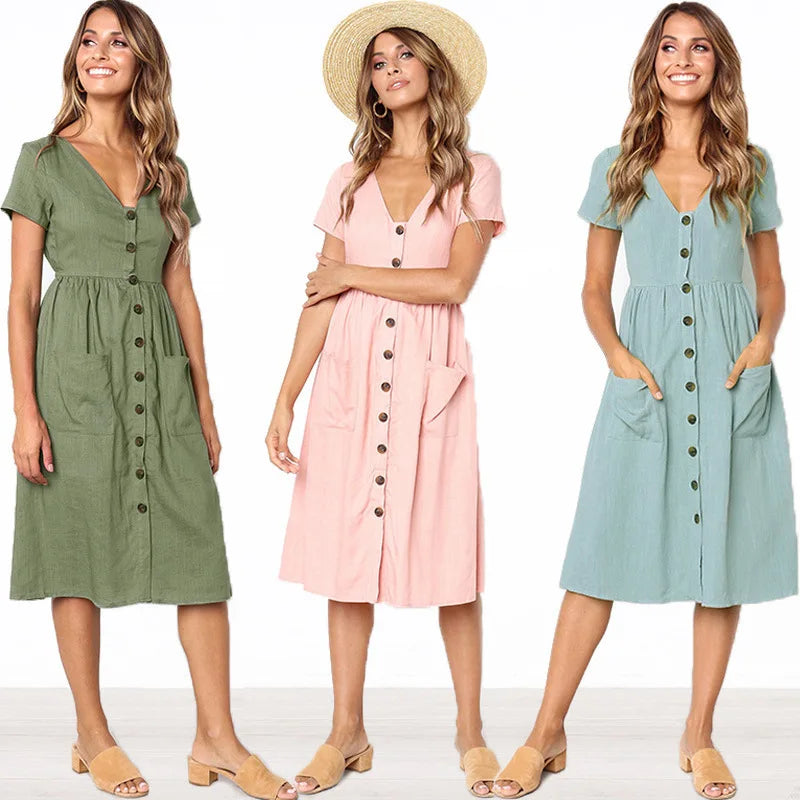 Green Blue A Line Casual Dresses Women Summer Dress 2021Vintage Short Sleeve Robe For Ladies Buttons V Neck Midi Vestidos Female