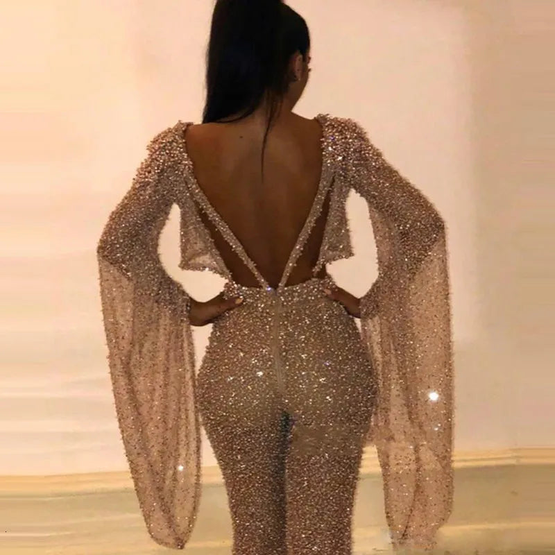 2021 Autumn Women Sexy Glitter Sparkly Backless Jumpsuits Evening Clubwear Long Overalls Club Party Night One Piece Jumpsuit