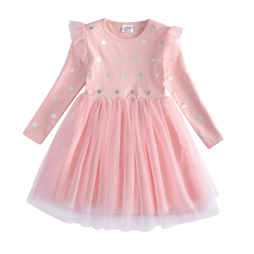 VIKITA Kids Heart Dresses Children Autumn Long Sleeve Vestidos Kids Casual Dress Toddler Mesh Tulle Dresses Children Clothing