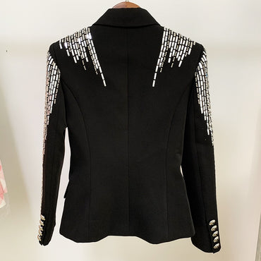 HIGH STREET 2023 Newest Fashion Designer Jacket Women's Double Breasted Luxurious Stunning Silver Metal Buttons Beaded Blazer