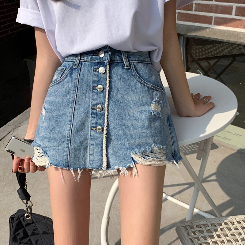 Button Tassel Skirt Ripped Jeans For Women Denim Fake Mini Shorts High Waist Sexy Casual Korea Fashion Clothes 2021 Summer New