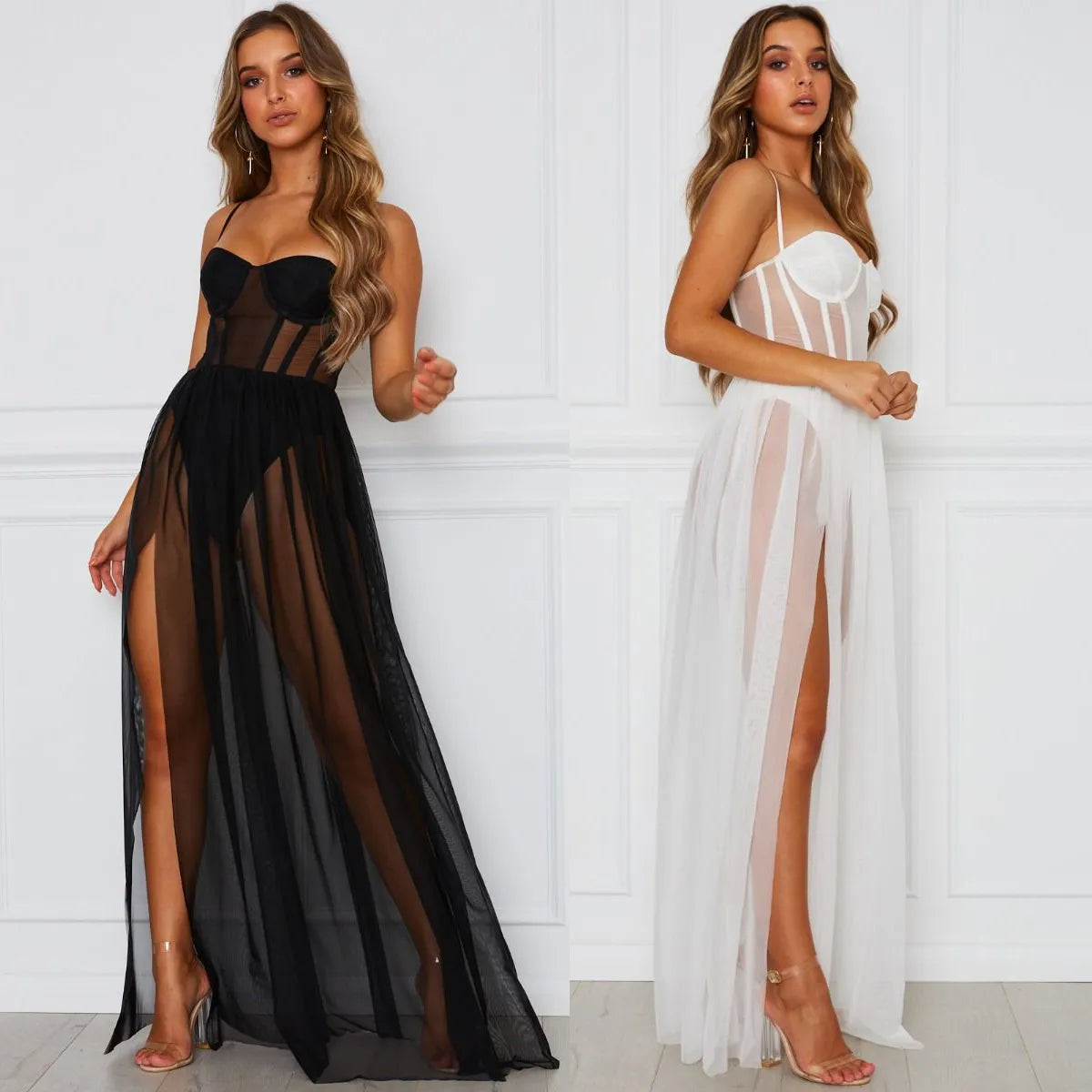 Push Up Padded Sexy Dress Women See-through Mesh Slip Dress High Split Leg High Waist Night Party Fashion Queen Maxi Dress 2019