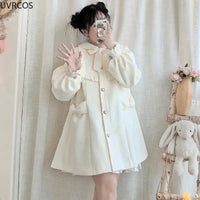 Winter Women's Woolen Coat Japanese Lolita Style Sweet Kawai Bow A-Line Loose Jackets Female Elegant Fall Korean Fashion Outwear