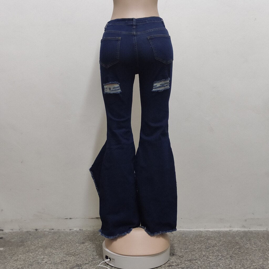 Ripped Hole Flare Jeans Women Bell Bottom Jean Fashion High Waist Wide Leg Pants 2021 Summer Tassel Denim Trousers