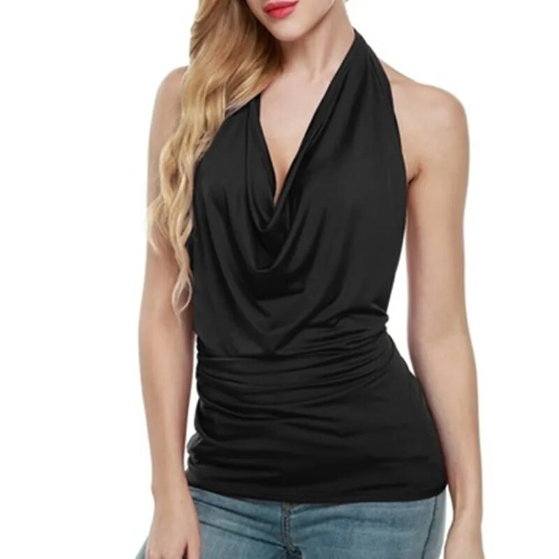 Fashion Backless Tops Sexy Blouse Women Summer Europe Unlined Upper Halter Hanging Neck Sleeveless Shirt V Halter Top Tee Female