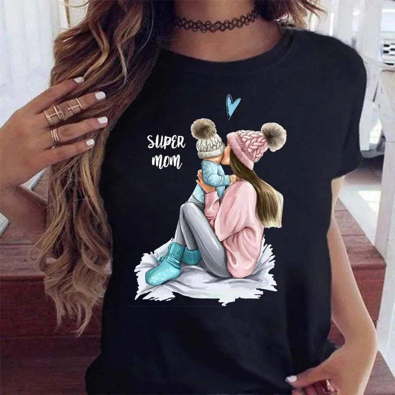 Maycaur Women Cartoon Mom Mother Boy Girl Print Mother Lady T-shirts Casual Top T Shirt Ladies Womens Graphic Female Tee T-Shirt
