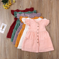 Toddler Kid Baby Girl Summer Dress Ruffles Sleeves Cotton Linen Party Children Girls Casual Button Pocket Dress Sundress Clothes