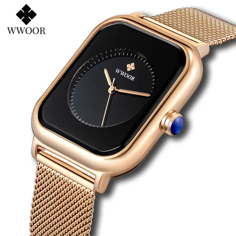 WWOOR 2023 New Design Women Watches Top Brand Luxury Rose Gold Rectangle Watch Ladies Black Exquisite Quartz Wristwatch For Gift