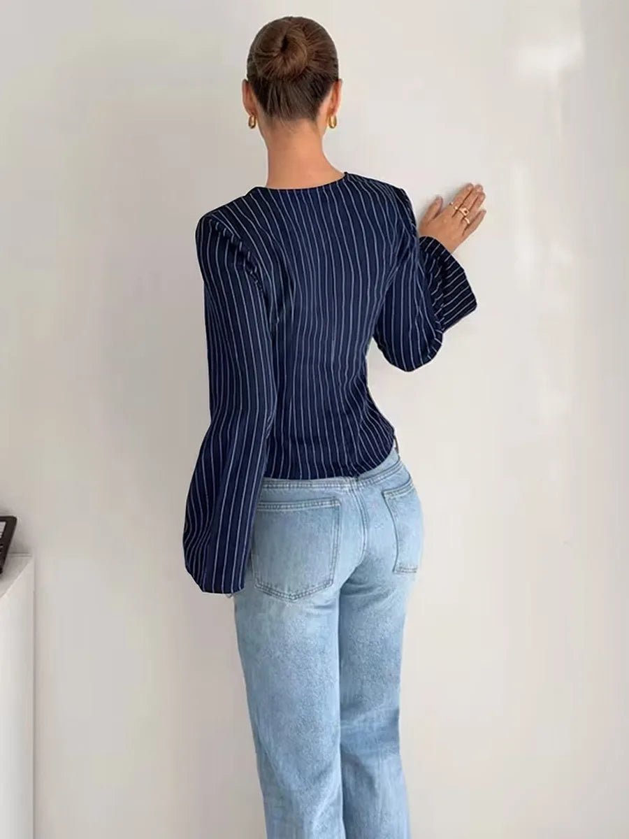 2026 Women's Fashion Striped V-neck Shirt Long Sleeved Waist Cinched Shirt Pullover