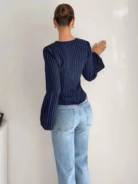2026 Women's Fashion Striped V-neck Shirt Long Sleeved Waist Cinched Shirt Pullover