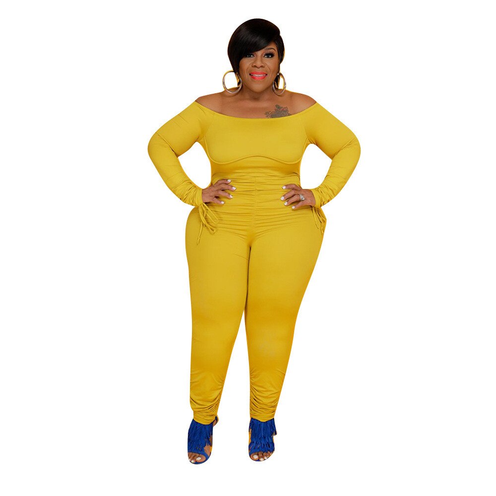 Sexy Plus Size Jumpsuit Overalls for Women  Off Shoulder Bandage Long Sleeve Romper