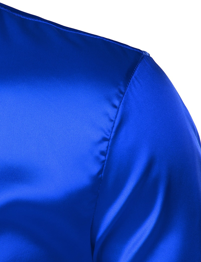 Royal Blue Silk Satin Shirt for Men 2023 Luxury Brand New Slim Fit