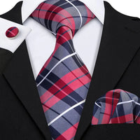 Hi-Tie Designer Silk Wedding Tie For Men Blue White Plaid Handky Cufflink Set Fashion Necktie For Men Business Party Wholesale