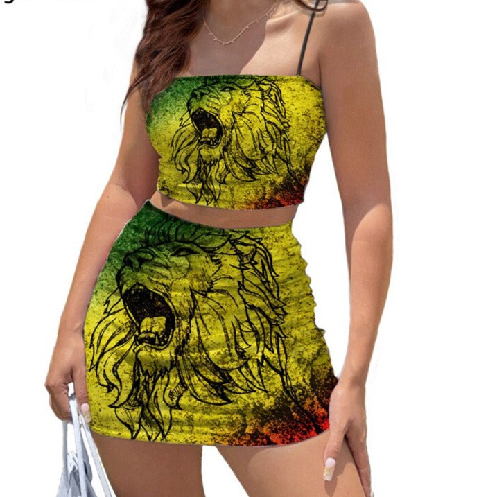 Lion Print Jamaica Flag Pattern Sexy Stylish Women Mini Dress Halter Spaghetti Strap