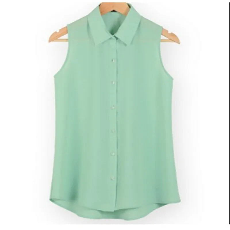 New Fashion Work Wear Office Tops Blouses Summer Turn Down Sleeveless Women Chiffon Shirt Slim Shirts Colors Female Camisa Vest