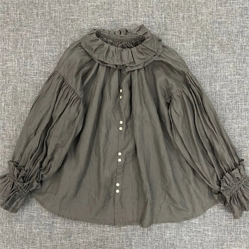 Johnature 2023 Autumn New Women Loose Tops And Blouses Vintage Linen Solid Color Ruffles Collar 4 Colors Female Shirts