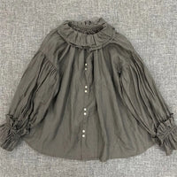 Johnature 2023 Autumn New Women Loose Tops And Blouses Vintage Linen Solid Color Ruffles Collar 4 Colors Female Shirts