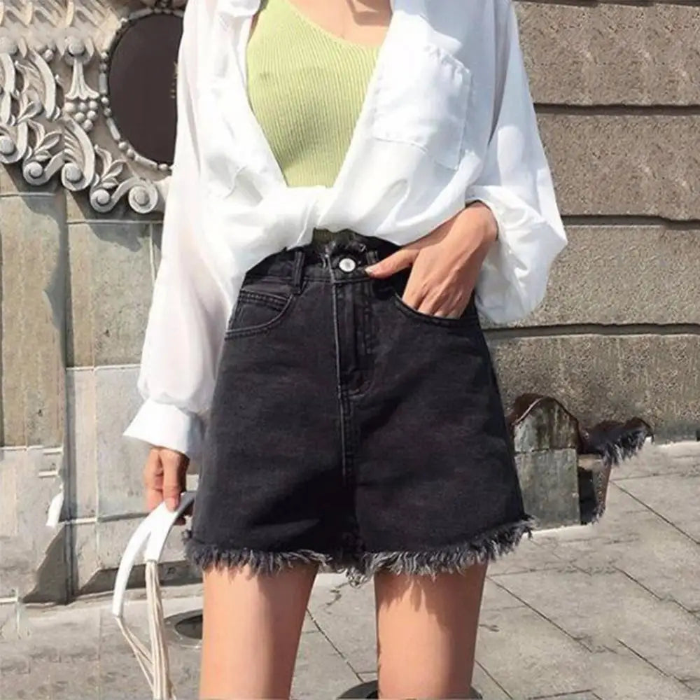 Slim Tassels Hole Sexy Denim Shorts Women's Fashion Casual Summer High Waist Loose Wide Leg Hem Denim Jeans Shorts Hot Pants