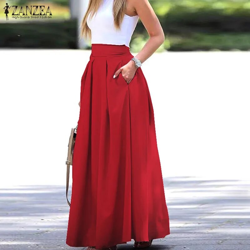 Elegant Women's Maxi Skirts ZANZEA Autumn Pleated Sundress Casual High Waist Long Vestidos Female Solid Faldas Saia