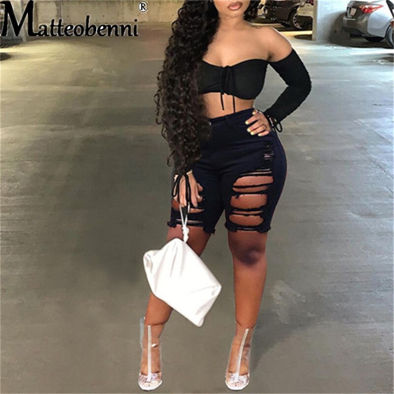 Sexy Knee Length Ripped Denim Shorts Women Push Up Stretch High Waist Biker Short Jeans Ladies 2021 Summer Street Black Shorts