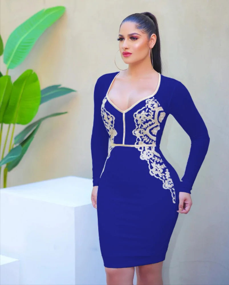 Sexy Women V-Neck Long Sleeve Bodycon Lace Party Dress Office Lady Bandage Pencil Dress Vestidos