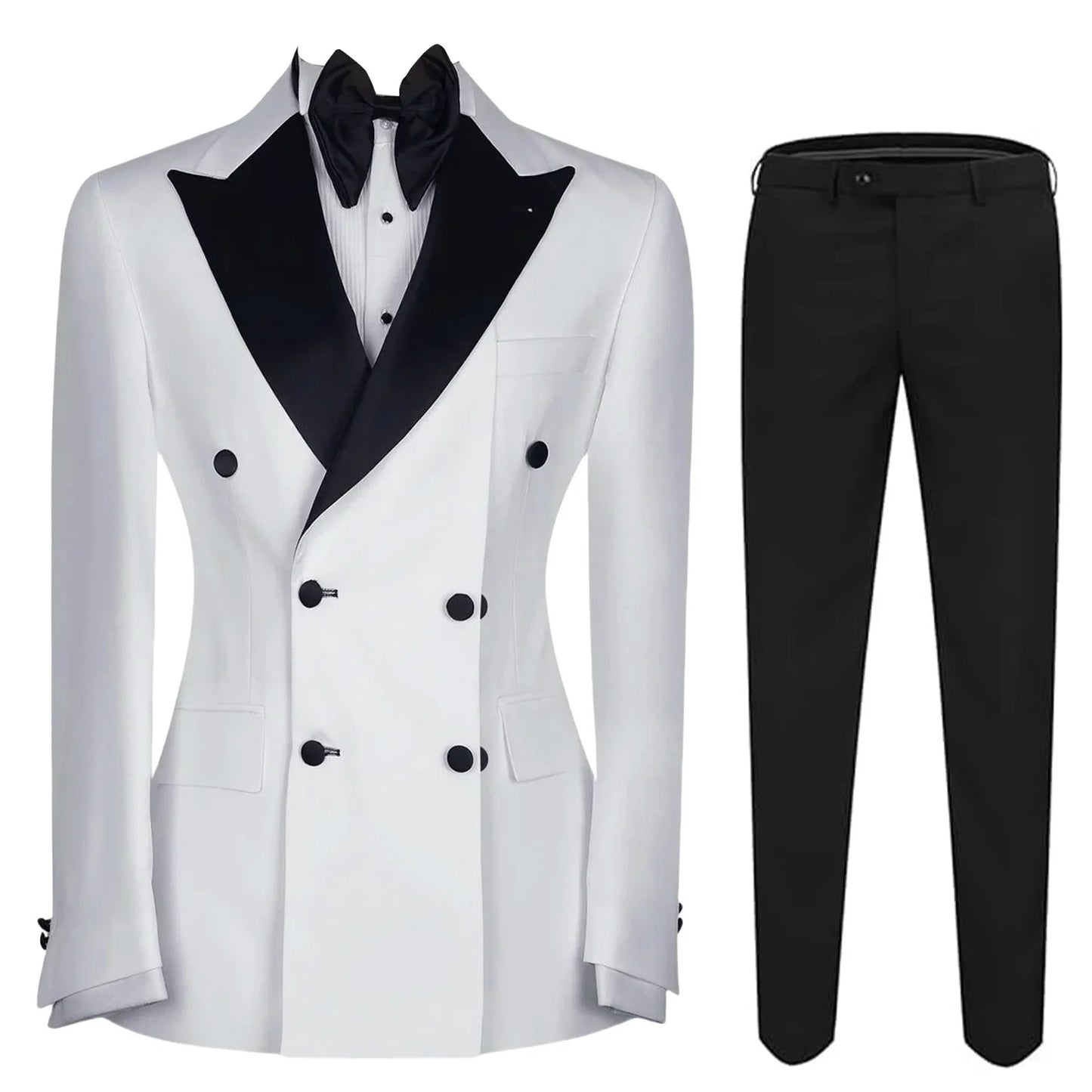 Wholesale Black and White Double Breasted Wedding Suits for Men Peaked Lapel Slim Fit Tuxedos 2 Pieces Fashion Casual Suits