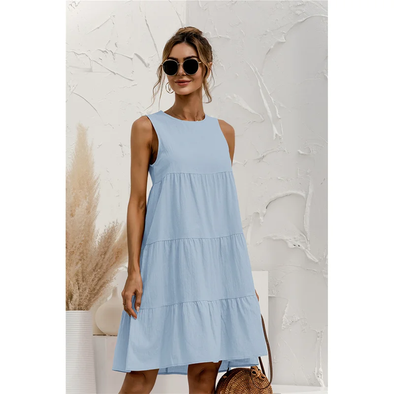 Loose Summer Vest Cotton Dress Sleeveless Solid Color Mid-length Dress Large Sewing Casual Swing 2023 Summer Women's